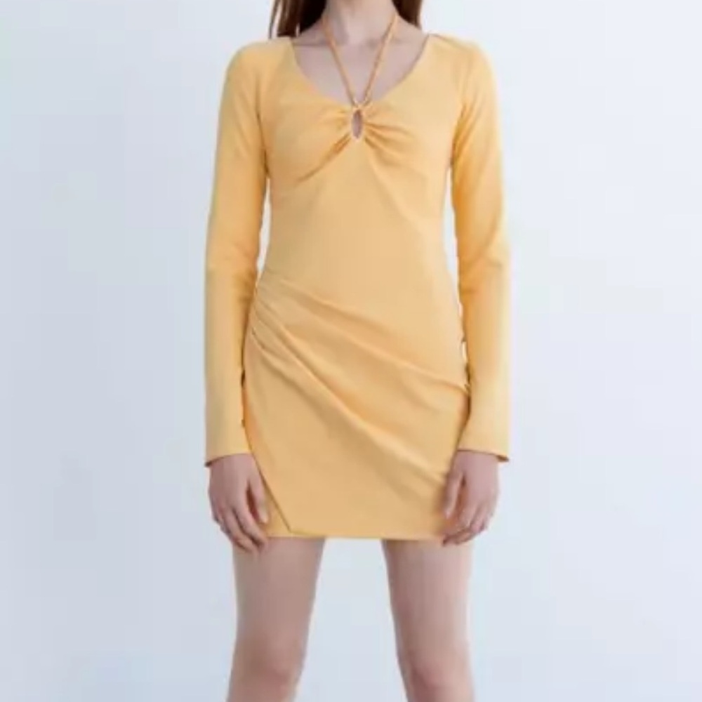 Dress Zara Draped Long sleeve Jeweled Neck Stretchy Mini Size M NWT